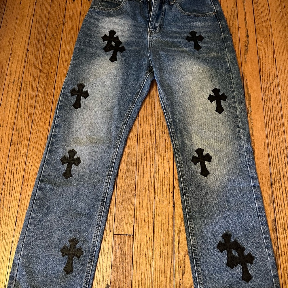 Designer Denim Jeans with Black Cross Accents